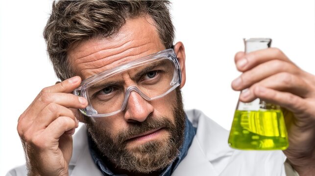 Scientist Examining Chemical Solution with Safety Goggles and Flask Ideal for Science Educatio - Powered by Adobe