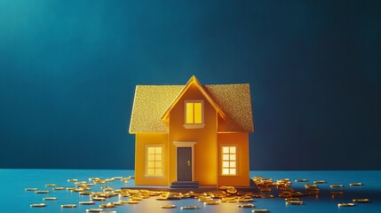 A shining golden house model displayed on a polished blue platform, surrounded by scattered gold coins, with a deep blue background enhancing the scene's elegance and prosperity 