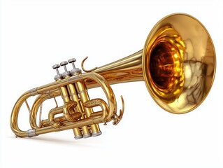 Shiny gold trumpet angled, isolated on white.  Valves and bell detailed