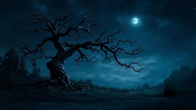 In the dark of night, the old, withered tree stood tall under the light of the full moon, its eerie shadow casting a chilling atmosphere.