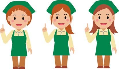 ナンバーワンポーズをする緑エプロンの若い女性。その2