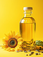 Sunflower Seed Oil in Glass Bottle, Healthy Cooking with Sunflower Seed Oil, Golden Organic Sunflower Seed Oil