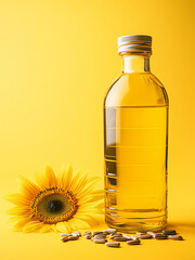 Sunflower Seed Oil in Glass Bottle, Healthy Cooking with Sunflower Seed Oil, Golden Organic Sunflower Seed Oil