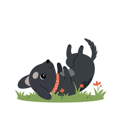 Happy playful black and grey puppy dog holding red balloon celebrating joy and fun vector illustration 