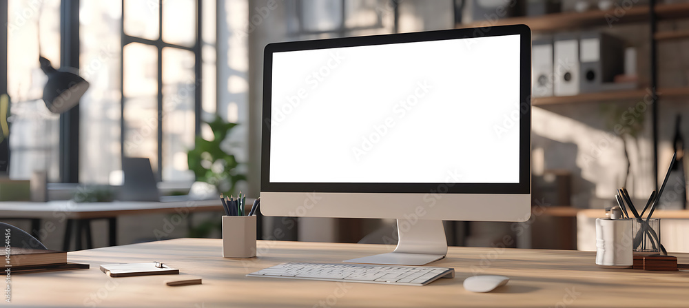 Poster modern office setting featuring a computer monitor with transparent png cutout on a glass table for 