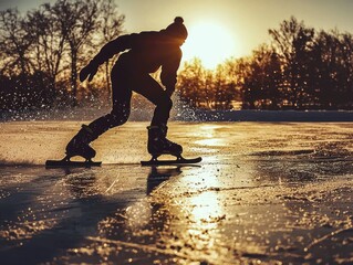 Silhouette of a skater gliding on ice during a vibrant sunset. Golden hour light reflects on the ice