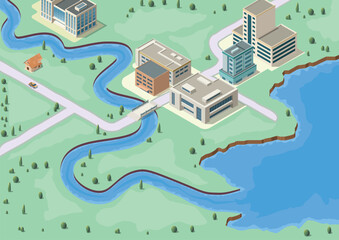 isometric Industrial building area with river and lake