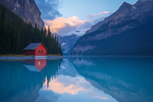 Red cabin and forest blend into the reflective blue lake beneath majestic mountains