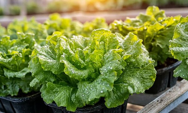 Cultivating freshness rows of thriving lettuce with morning dew in greenhouse