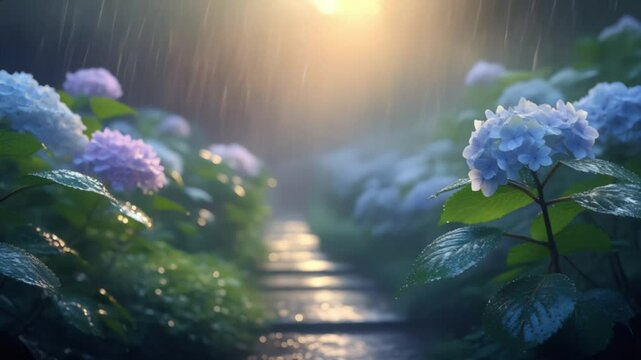 Rain falls and gentle sunlight enters the garden where hydrangeas bloom　アジサイが咲く庭園に雨が降り優しい日差しが入る