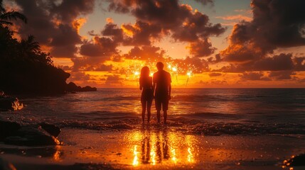 Silhouette of couple on beach at sunset, holding sparklers.  Romantic ocean scene