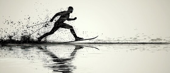 Silhouette of cross-country skier gliding across water, reflected in the calm surface. Motion and speed are depicted through the scattered particles