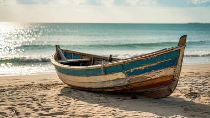 Naklejka premium Weathered blue fishing boat resting on sandy beach with turquoise ocean