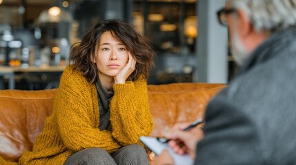 Asian businesswoman in a therapy session, sitting on a couch with a worried expression while a psychiatrist takes notes