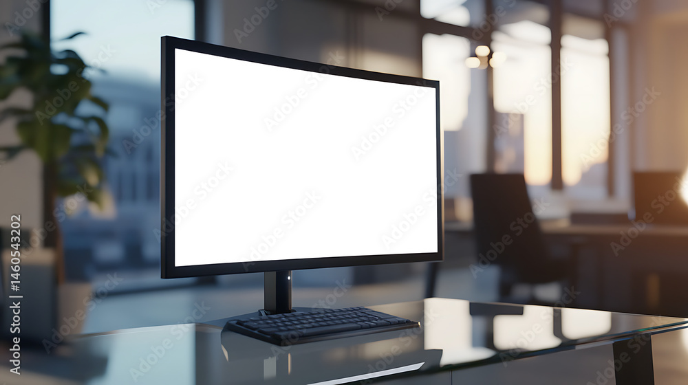 Poster stylish office background with a computer monitor featuring a transparent png cutout screen for pers