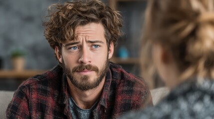 Fototapeta premium Man in therapy session, voice breaking as he explains his inner fears, female therapist offering gentle reassurance