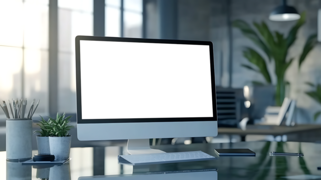 Stylish Office Background with a Computer Monitor Featuring a Transparent PNG Cutout Screen for Personalized Branding.