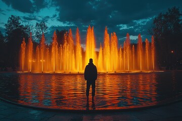 Silhouetted figure gazing at a vibrant, illuminated fountain display at night.  Water reflects the fiery spectacle