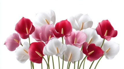 A vibrant and eye catching arrangement of colorful anthurium flowers showcased in a tropical floral pattern collection