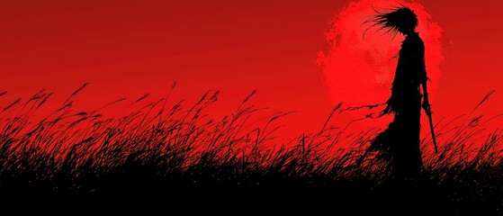 Silhouetted figure in tall grass, crimson sunset backdrop.  Large red sun dominates the scene