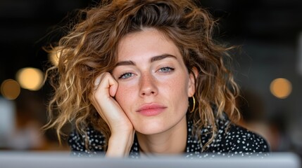 Tired woman in office clothes looking defeated in front of a laptop, reflecting work failure and emotional burnout