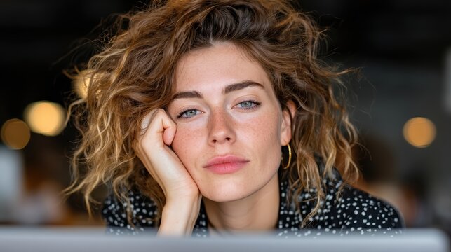 Tired woman in office clothes looking defeated in front of a laptop, reflecting work failure and emotional burnout