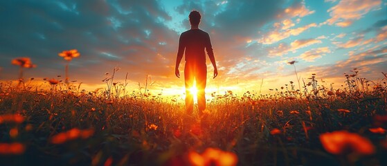 Silhouetted figure stands in a vibrant sunset field, bathed in warm light.  Flowers bloom around them