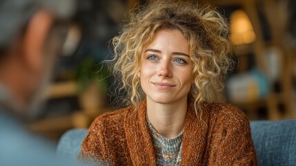 Woman in therapy session, discussing her work-related stress and chronic fatigue with a psychiatrist in a calm room