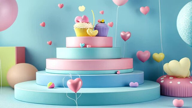 Colorful cupcake display with balloons and hearts