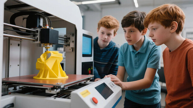 Young inventors watch 3D printing magic unfold a vibrant yellow creation takes shape technology in action inspiring future minds