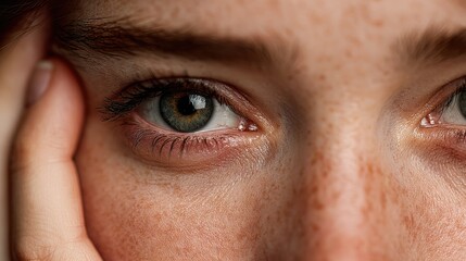 Fototapeta premium Close-up of a woman with teary eyes and tense expression, dealing with work-related burnout and emotional breakdown