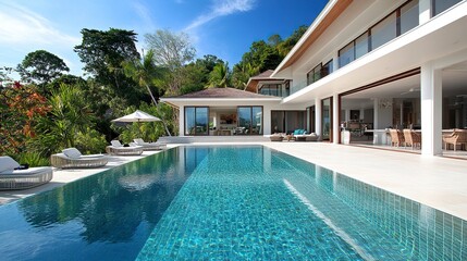 Fototapeta premium A striking modern luxury villa with clean white walls, a large sparkling swimming pool, and an expansive patio, showcasing elegant design and ultimate comfort in a tropical setting 