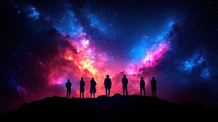 Silhouetted figures gaze at a vibrant nebula in the night sky, from atop a hill