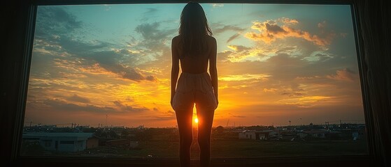 Silhouetted woman gazing at sunset over cityscape from window. Golden hour colors paint sky