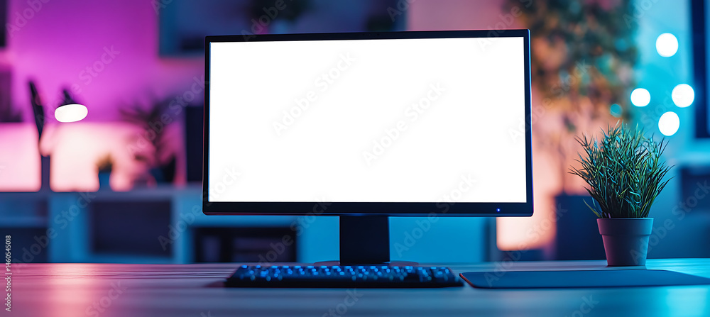 Poster minimal office setup with transparent png screen, cutout elements, and personalized branding for wor