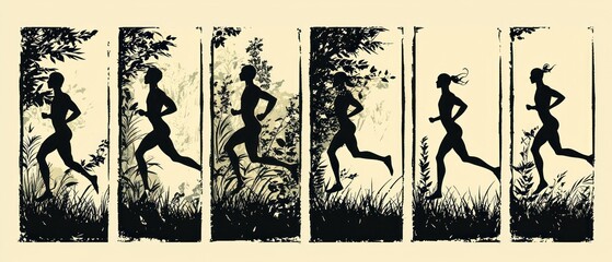 Silhouettes of runners in motion, captured in a series of frames against a nature backdrop.  The artwork showcases dynamic movement and natural energy