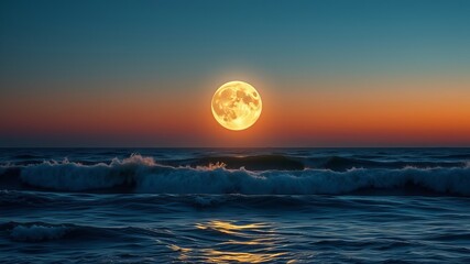 Obraz premium A vibrant full moon rises over a tranquil ocean du a breathtaking sunset creating a magical night scene.