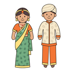 TRADITIONAL INDIAN costume male and female illustration cute kawaii style cultural diversity couple clothing dress outfit around the world ethnic fashion