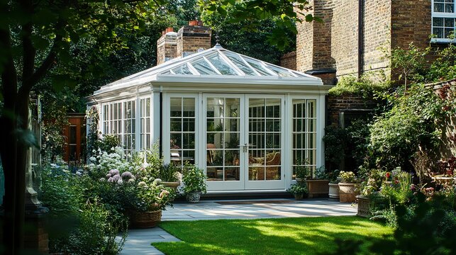 A stunning light-filled side return extension with expansive glass panels and skylights, framing a breathtaking view of a lush garden, creating a seamless indoor-outdoor connection 