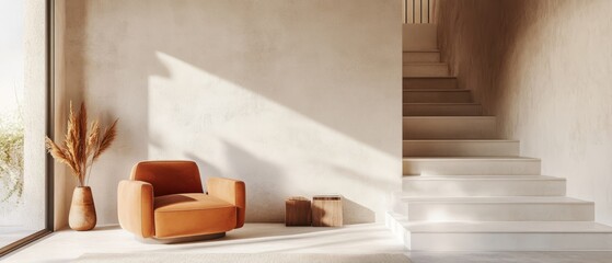 A Sunlit Room With A Burnt Orange Armchair, Pampas Grass In A Vase, Wooden Blocks, And A Staircase. The Vibe Is Calm And Minimalist.