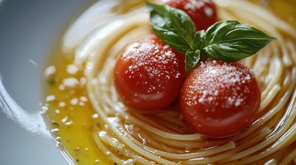 Simple pasta dish with cherry tomatoes and basil