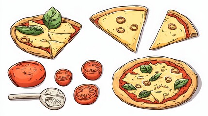 Hand-drawn illustrations of various pizza slices and ingredients.
