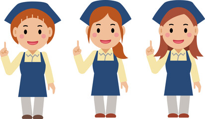 ナンバーワンポーズをする紺色エプロンの若い女性。その2