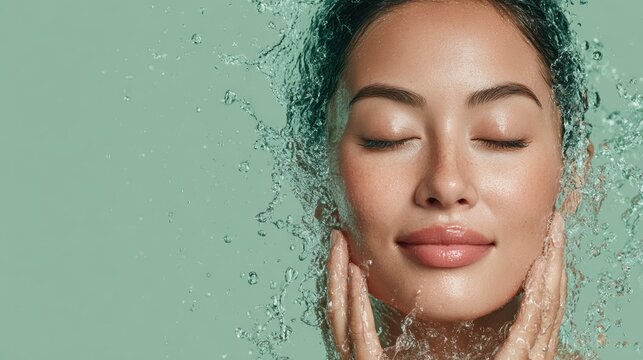 healthy hydrated face skin. skin care and moisturizing concept. asian woman with eyes closed and water splash around the face on light green background