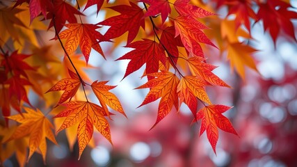Vibrant red and orange autumn maple leaves hang on branches against a softly blurred background showcasing the beauty of fall foliage.