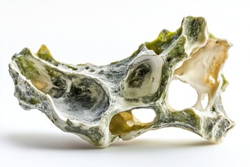 Obraz premium A weathered, porous seashell, showing signs of age and marine growth, rests on a white background.