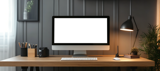 A Modern Desk Setup Featuring a Transparent PNG Screen for Personalized Branding in Clean Office Background