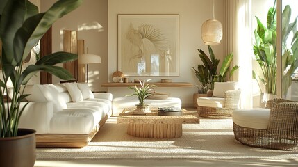 A stylish living room with sustainable bamboo furnishings, lush potted plants like fiddle-leaf figs, and decor in soft beige and white tones, creating a serene and environmentally conscious atmosphere