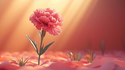 Single pink flower illuminated by warm sunlight, emerging from textured ground with small plants