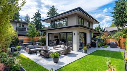 A stylish modern house with a large backyard that includes a beautifully designed patio with modular furniture and decorative potted plants, blending outdoor comfort with elegant aesthetics 